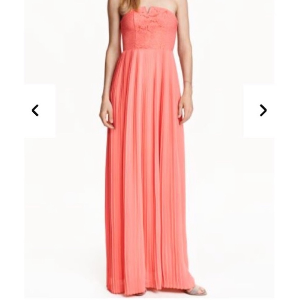 H&M CORAL LACE PANEL PLEATED MAXI DRESS